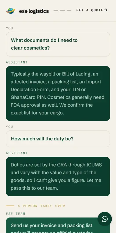 ESE's assistant page on a phone: a customer asks which documents clear cosmetics, and the assistant answers