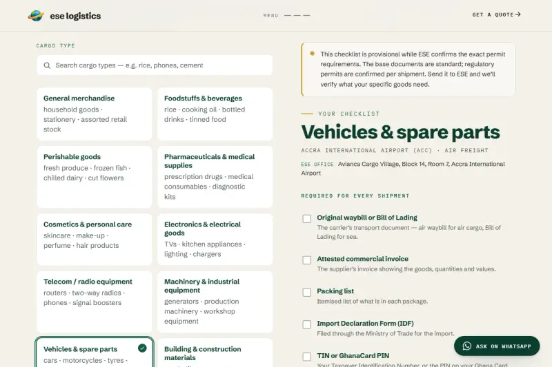 ESE's document checklist with Vehicles & spare parts picked, listing the documents needed at Accra airport