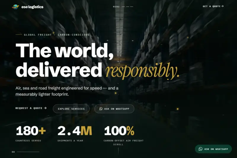 The ESE Logistics home page: "The world, delivered responsibly" over a cargo plane being loaded